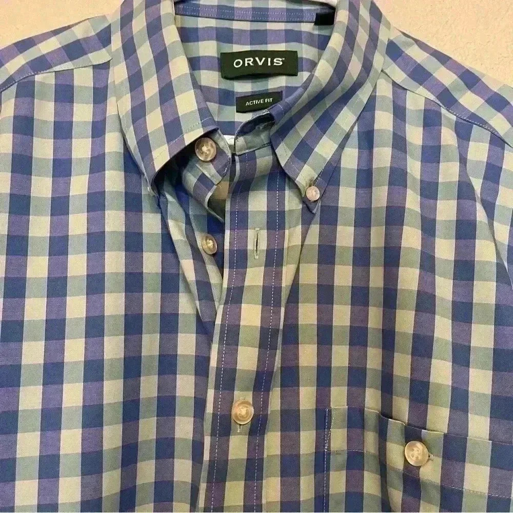 Orvis Blue Green Check Plaid Short Sleeve Button Down Shirt Size Large - Picture 8 of 15
